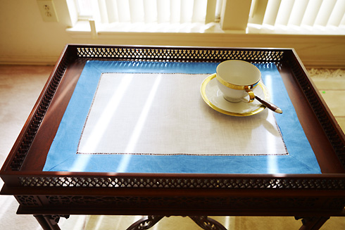 White Hemstitch Placemat 14"x20" with French Blue color Border.